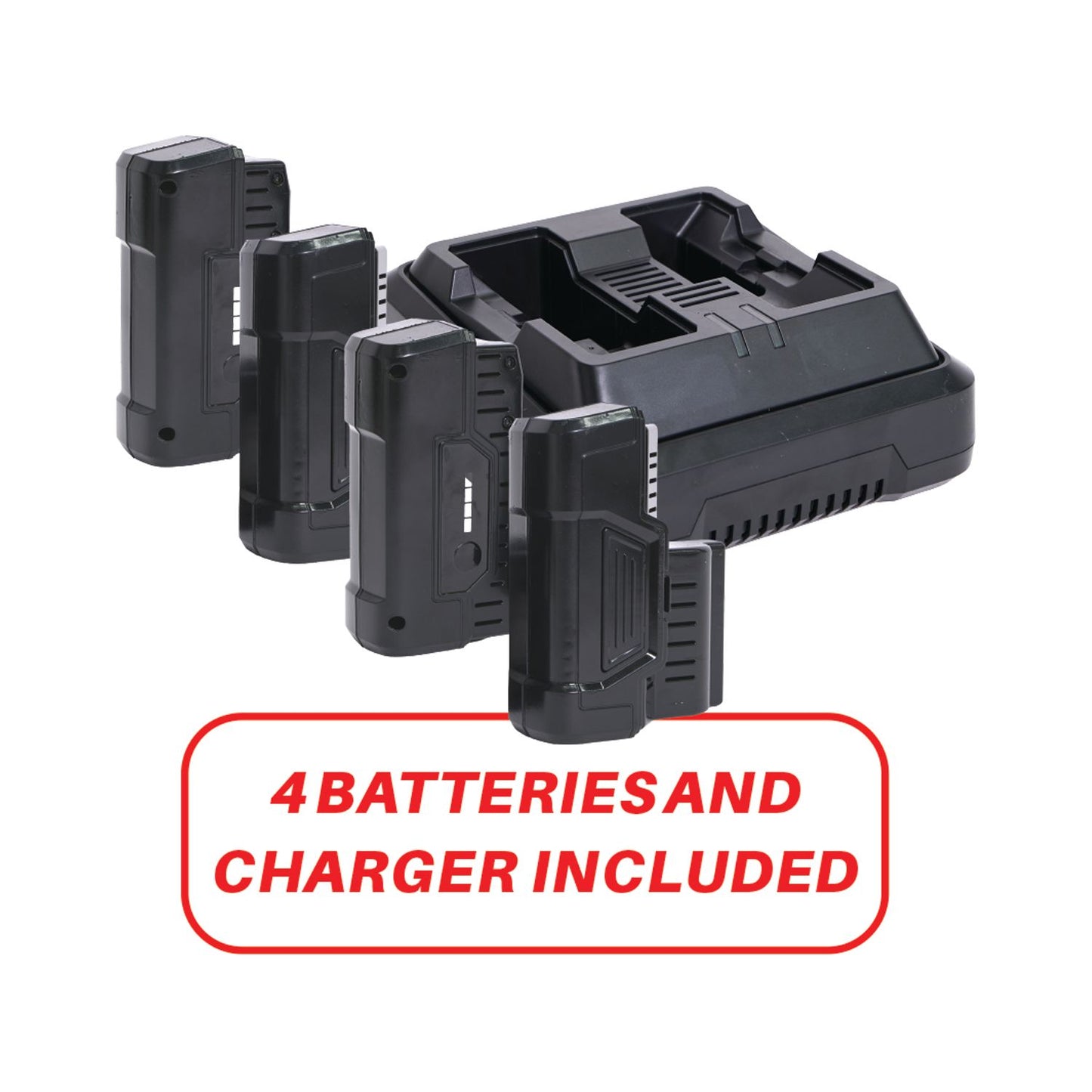 Set of four black batteries and a charger with a red label on a white background