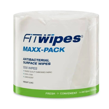 Pack of FitWipes Maxx-Pack antibacterial surface wipes on a white background