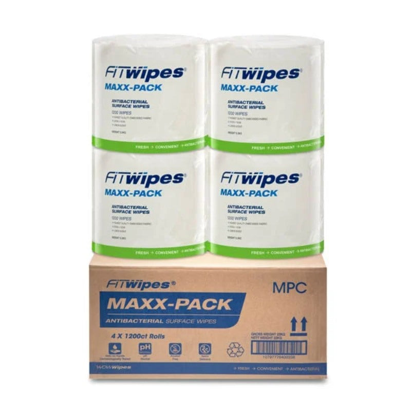 FitWipes Maxx-Pack antibacterial surface wipes with a cardboard box on a white background
