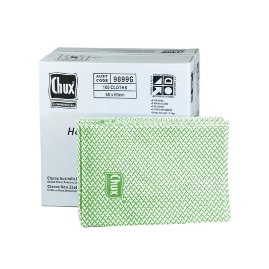 Green cleaning cloth with Chux branded packaging in the background
