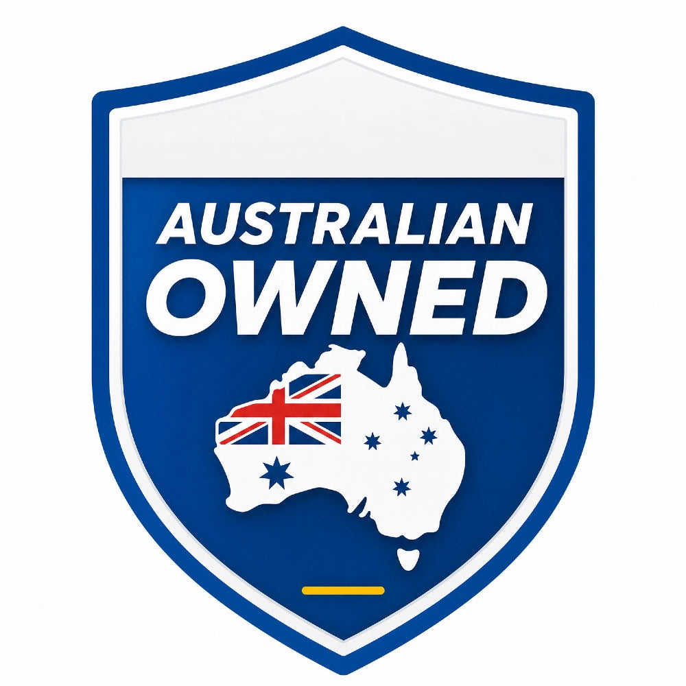 Shield-shaped logo with 'Australian Owned' text and a map of Australia featuring the British flag.