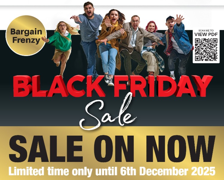 Black Friday sale advertisement with people in the background and promotional text.