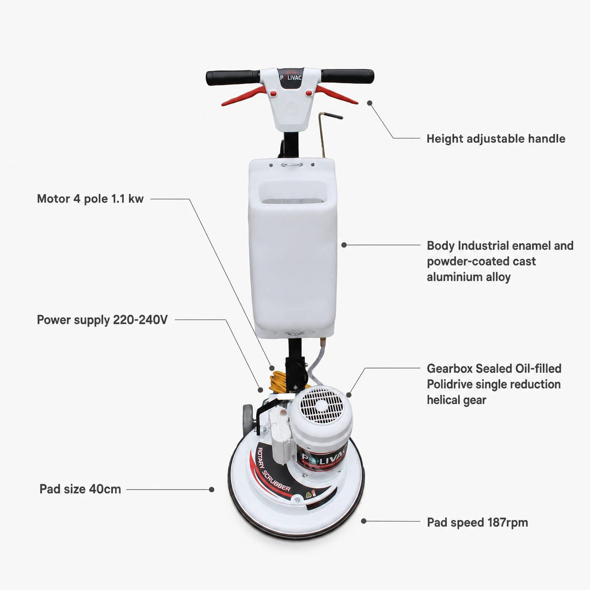 Floor scrubber with labeled features on a white background
