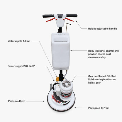 Floor scrubber with labeled features on a white background