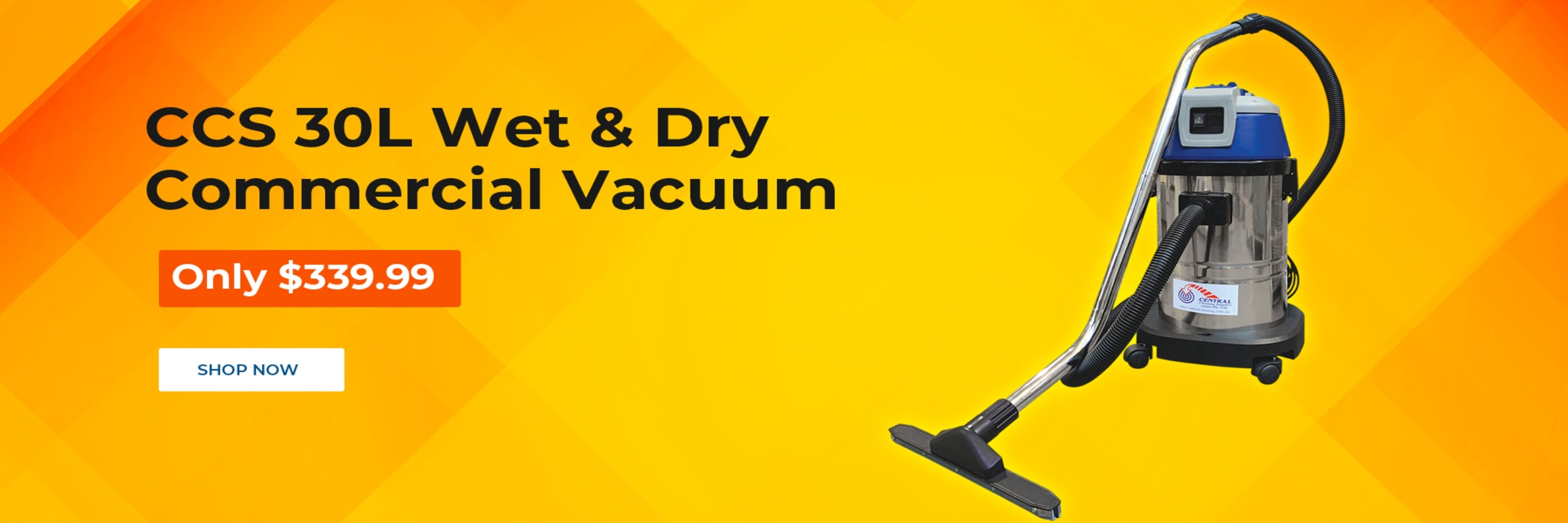 Commercial vacuum cleaner with text on a yellow background
