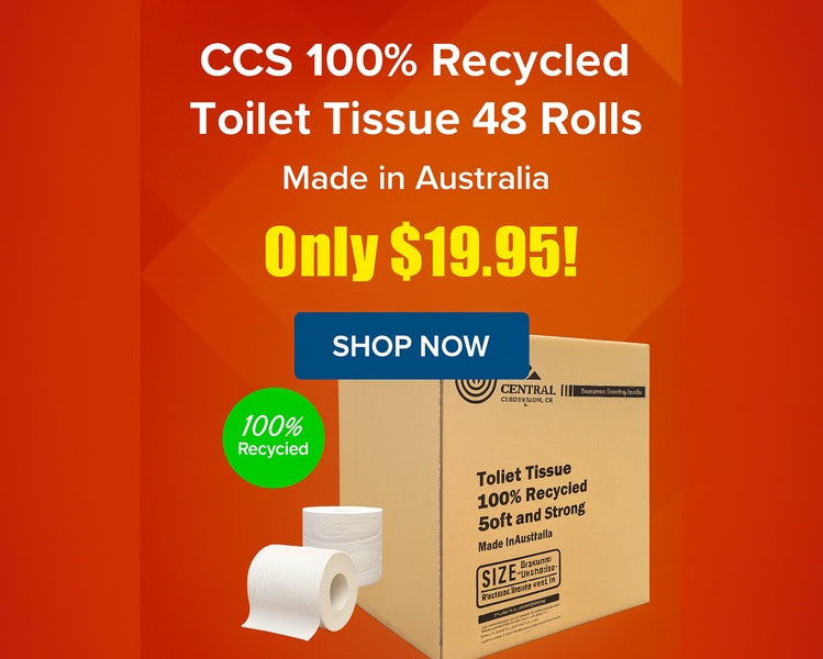 Promotional image of recycled toilet tissue with a box and rolls on an orange background.