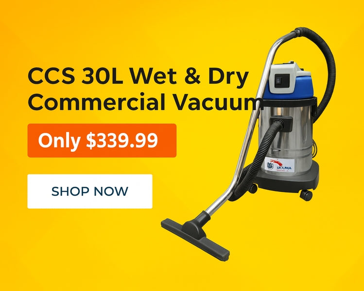 Commercial vacuum cleaner with promotional text on a yellow background