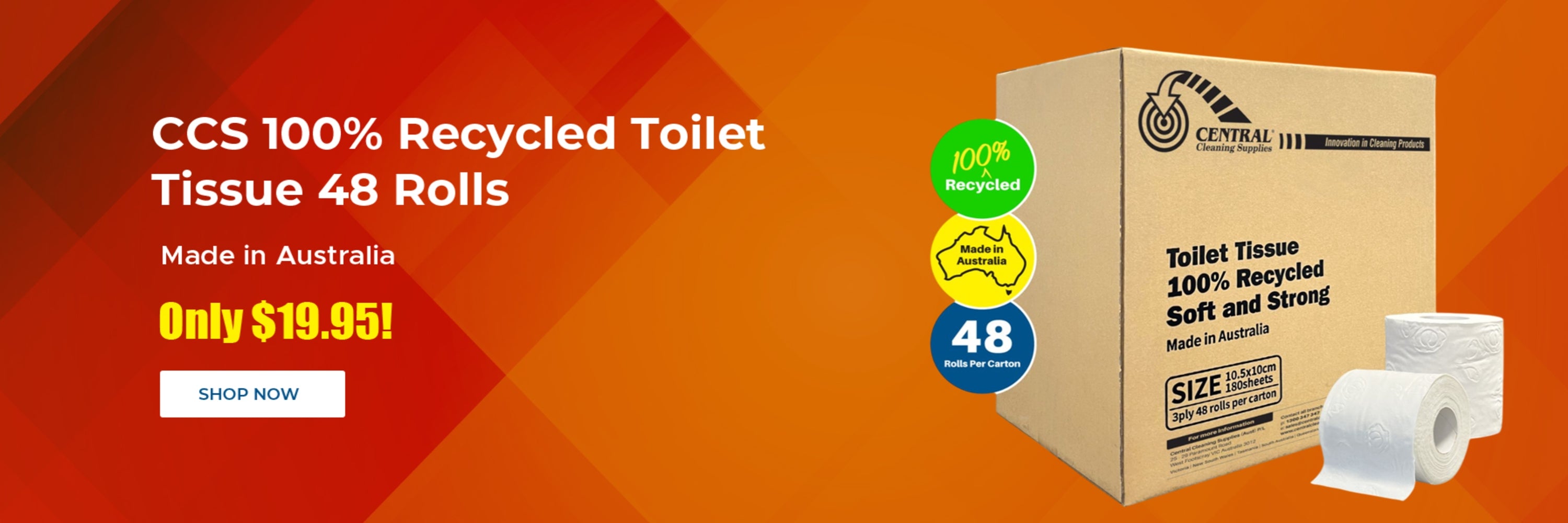 CCS recycled toilet tissue packaging with a promotional banner on an orange background