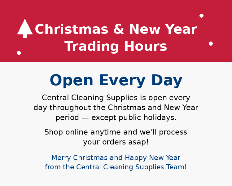 Trading hours announcement for Central Cleaning Supplies during Christmas and New Year with a red and white background.