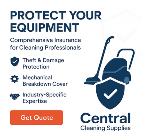 Advertisement for Central Cleaning Supplies' equipment protection insurance with a graphic of cleaning equipment and a shield.