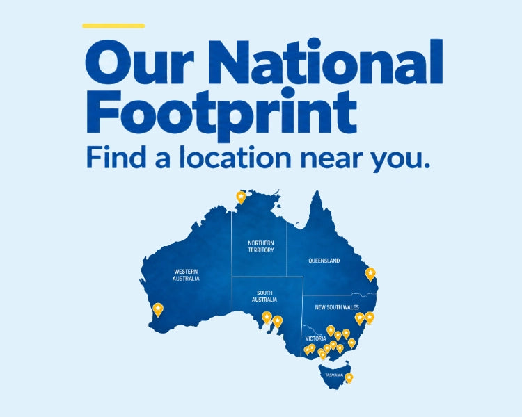 A promotional graphic with the text 'Our National Footprint' and 'Find a location near you.' above a blue outline map of Australia, with small yellow location-pin icons marking certain areas.