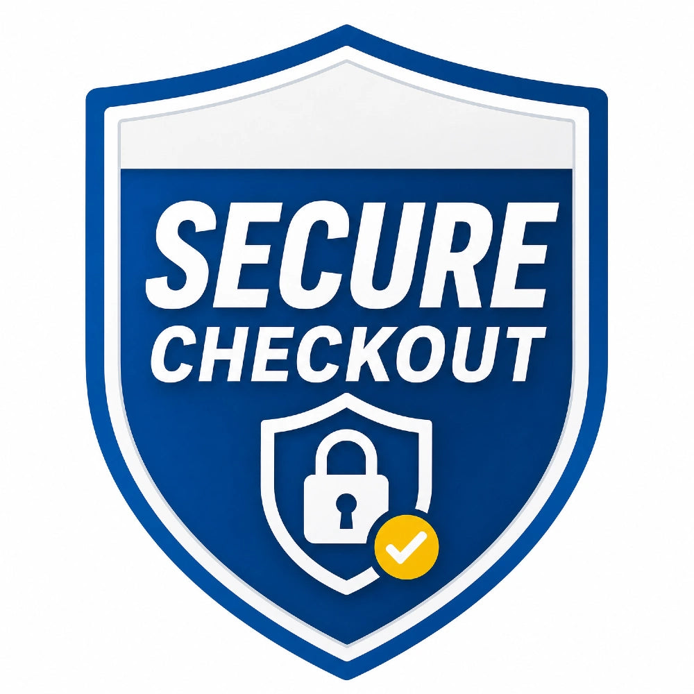 Secure checkout logo with a shield and lock icon on a blue background
