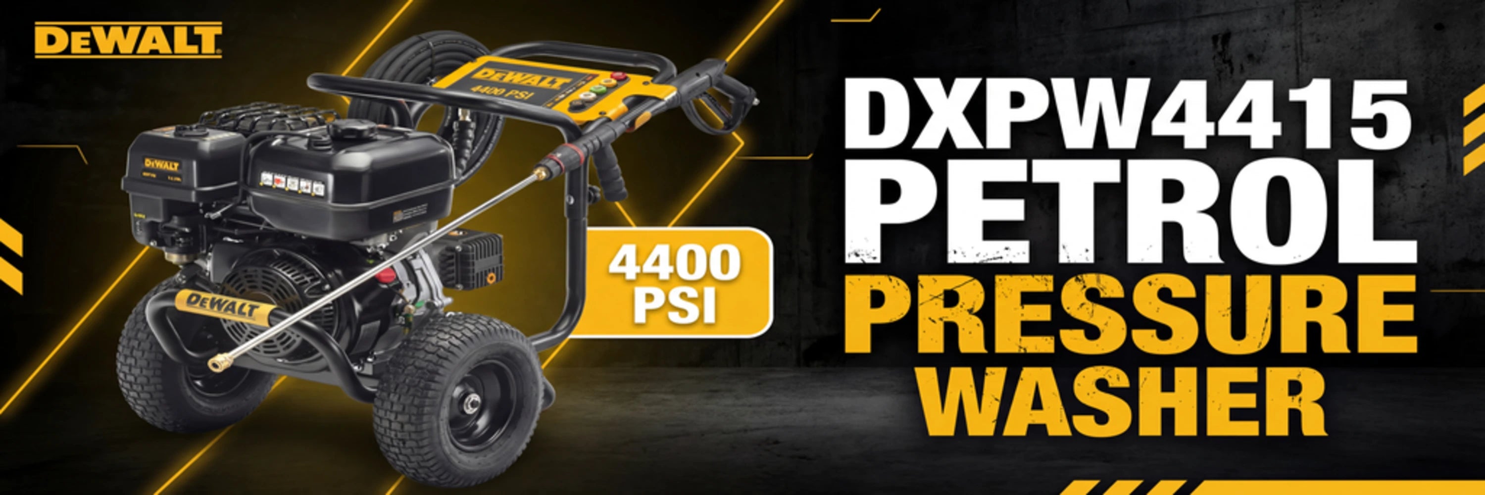 DEWALT DXPW4415 petrol pressure washer with specifications on a dark background
