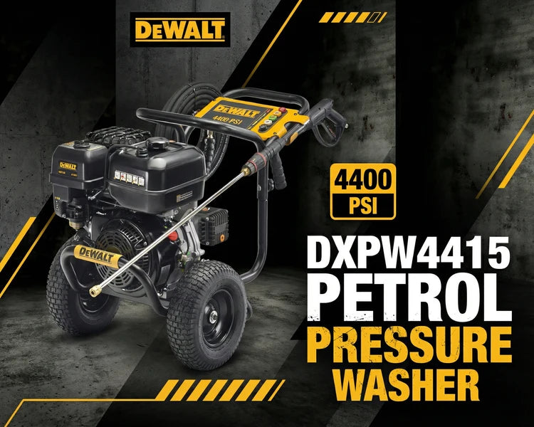 DeWalt petrol pressure washer with 4400 PSI on a dark background