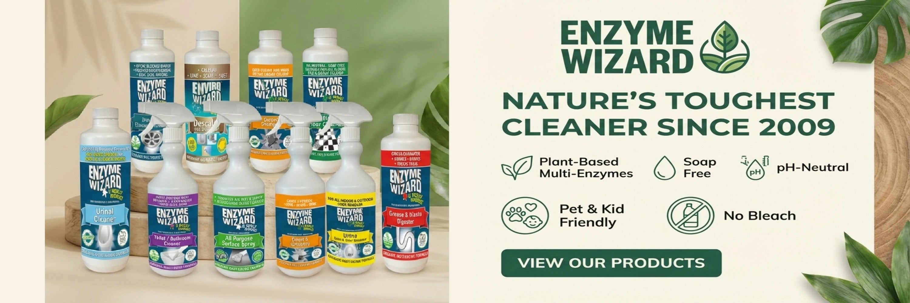 Enzyme Wizard cleaning products with branding and product listing on a light background