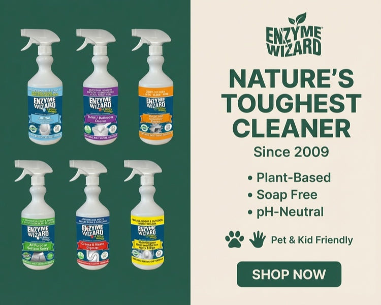 Enzyme Wizard cleaning products with a promotional banner on a green and beige background.