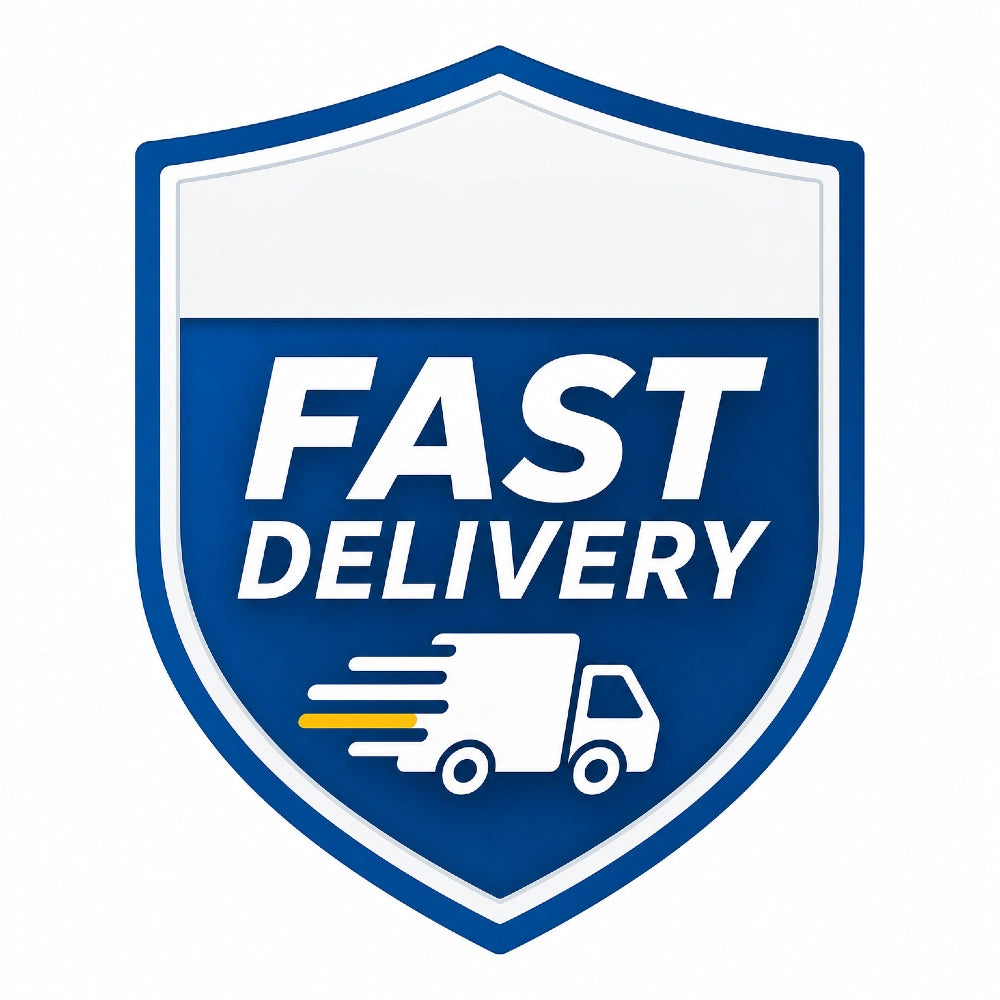 Shield-shaped logo with 'FAST DELIVERY' text and a delivery truck icon on a blue background.