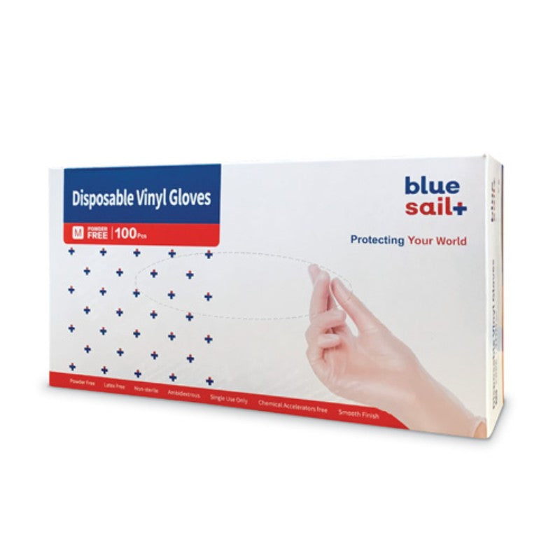 Box of disposable vinyl gloves with branding on a white background
