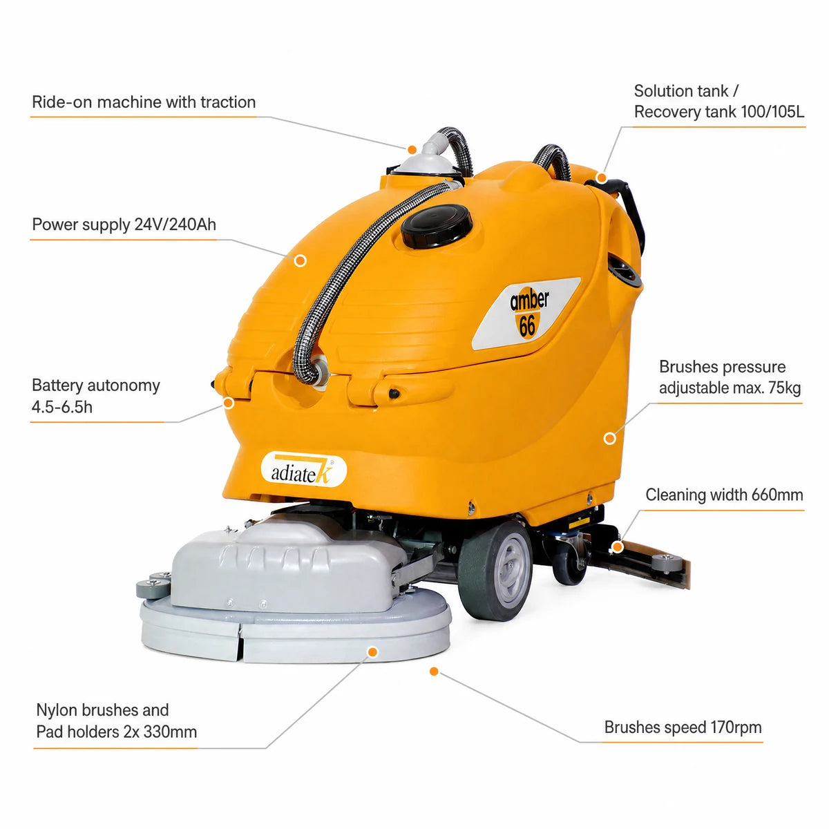 Orange Adiatek Amber 66 ride-on cleaning machine with features highlighted on a white background