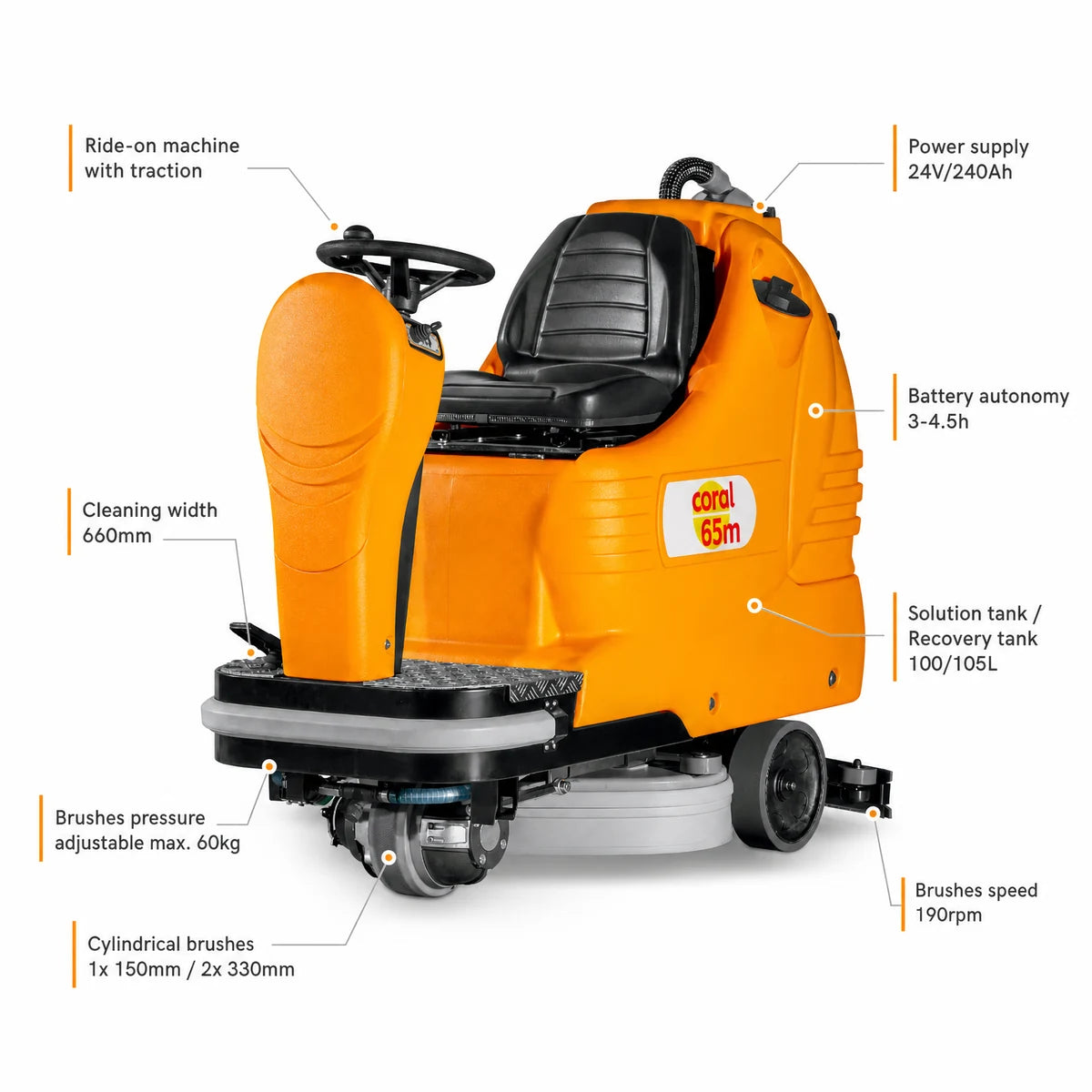 Orange Adiatek Coral-65m ride-on cleaning machine with features highlighted on a white background