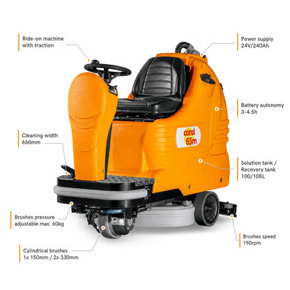 Orange Adiatek Coral-65m ride-on cleaning machine with features highlighted on a white background