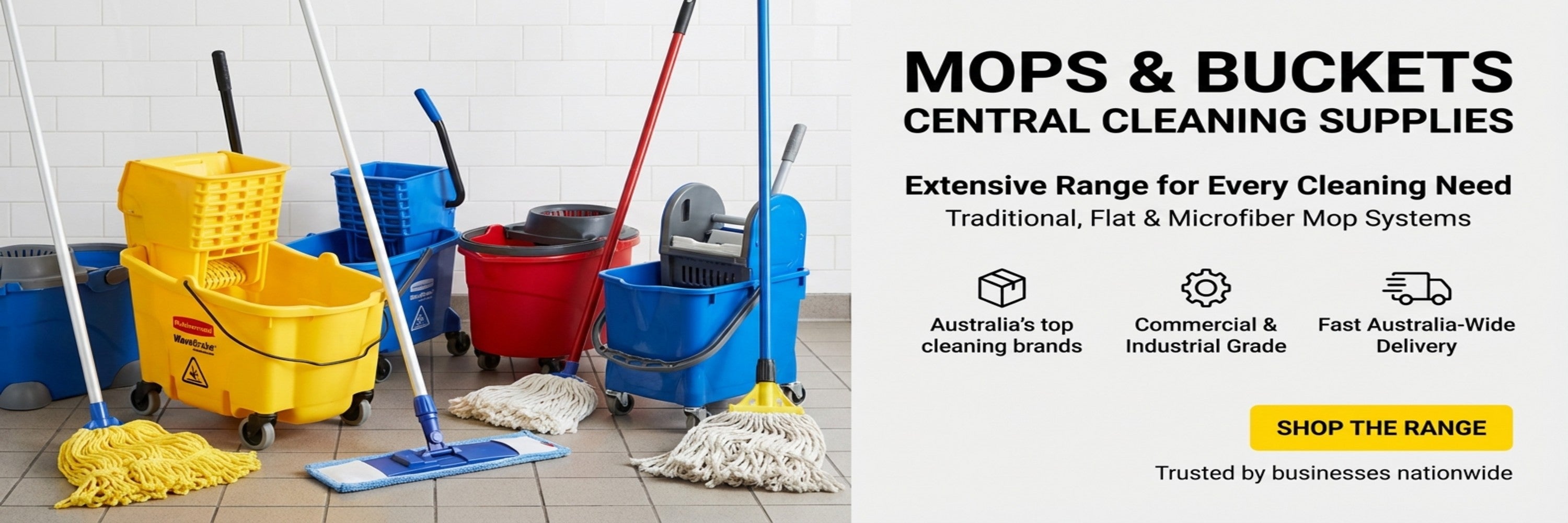 Cleaning supplies including mops and buckets with a promotional banner for Central Cleaning Supplies.