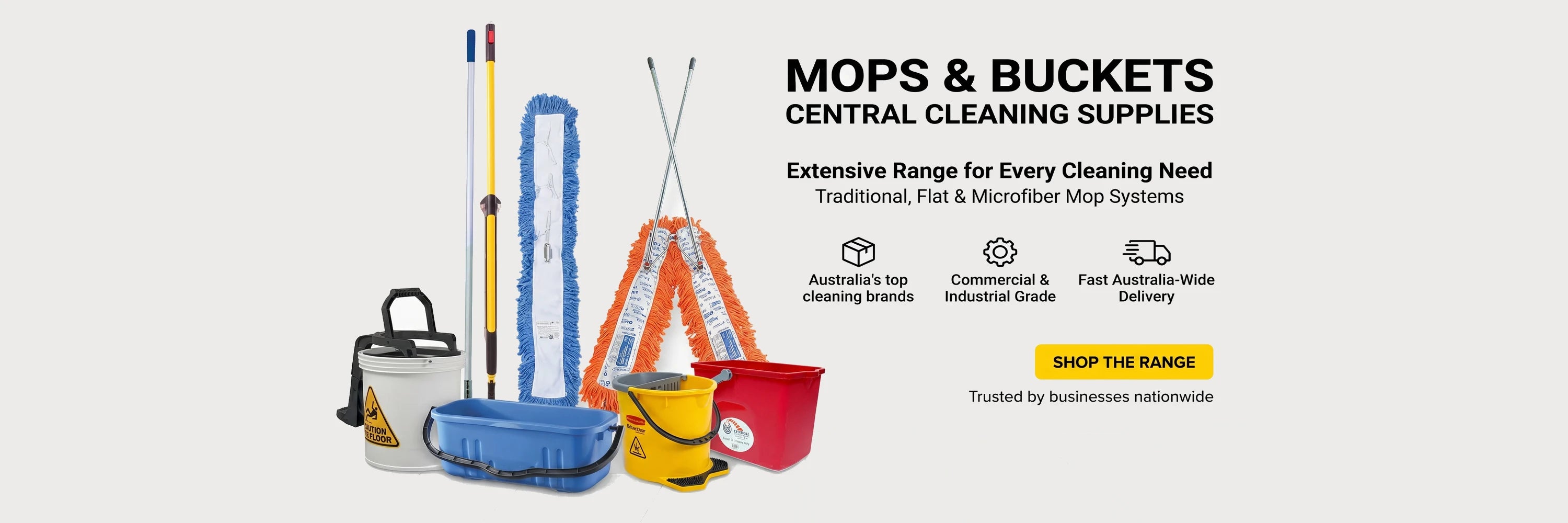 Promotional banner featuring Mops and Buckets