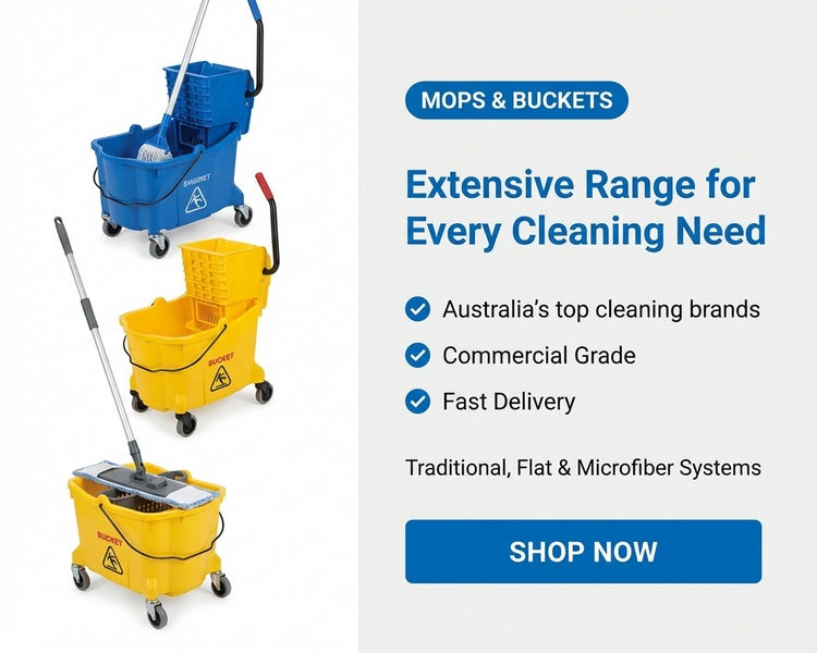 Mops and buckets with promotional text about cleaning products on a white background