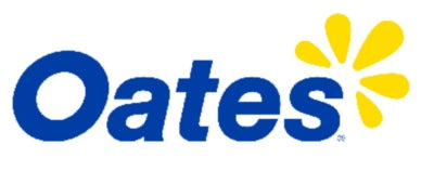 Oates logo with blue text and yellow flower-like design on a white background