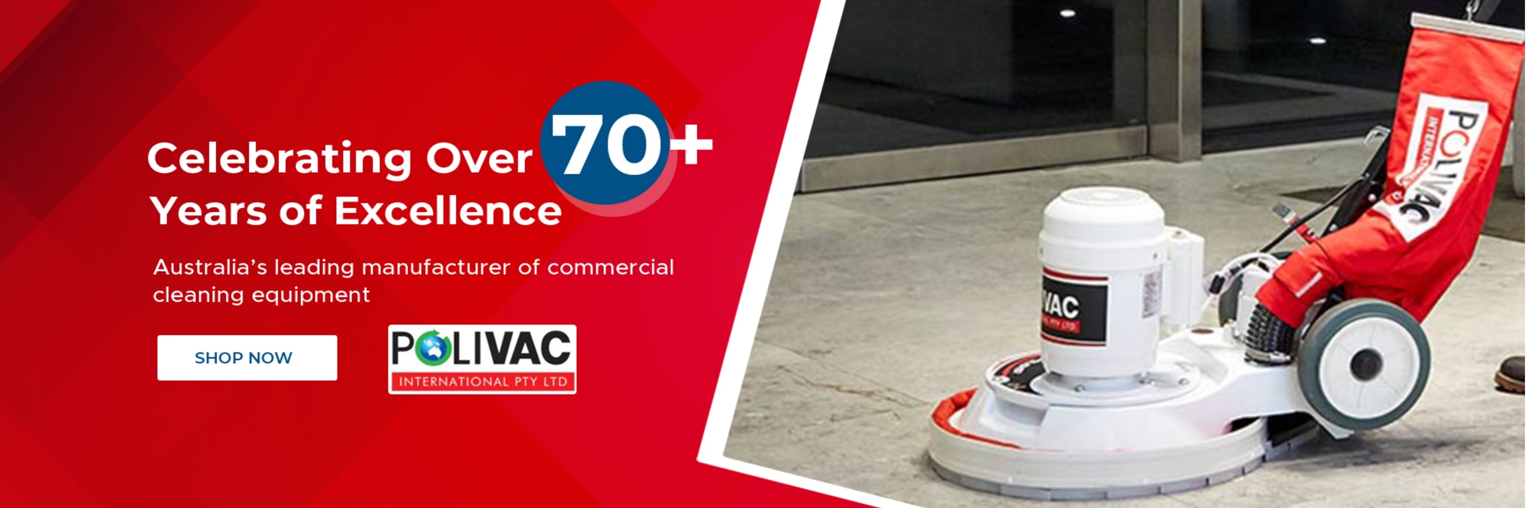 Polivac floor cleaning machine with promotional text celebrating 70 years of excellence on a red background.