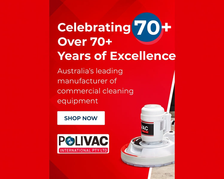 Advertisement for Polivac celebrating 70 years of excellence with a cleaning machine on a red background.
