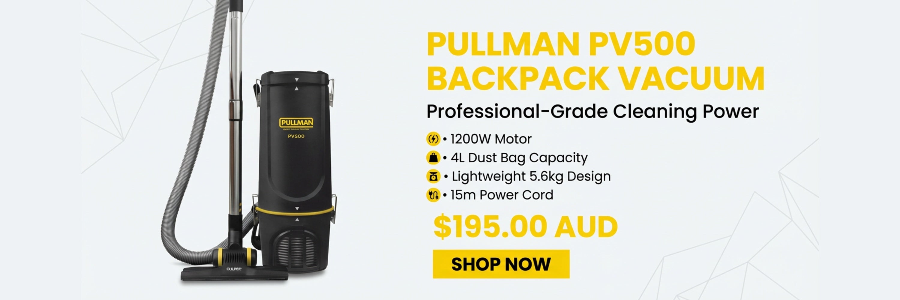 Pullman PV500 backpack vacuum cleaner with specifications and price on a white background
