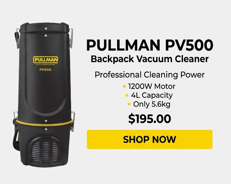 Pullman PV500 backpack vacuum cleaner with specifications and price on a white background