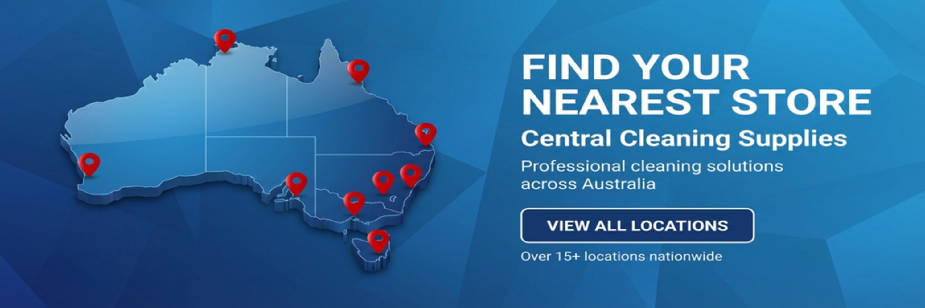 Map of Australia with red markers and text about finding nearest Central Cleaning Supplies store locations.