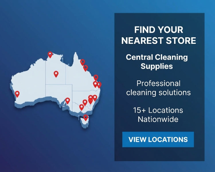 Map of Australia with red markers indicating store locations and promotional text for central cleaning supplies.